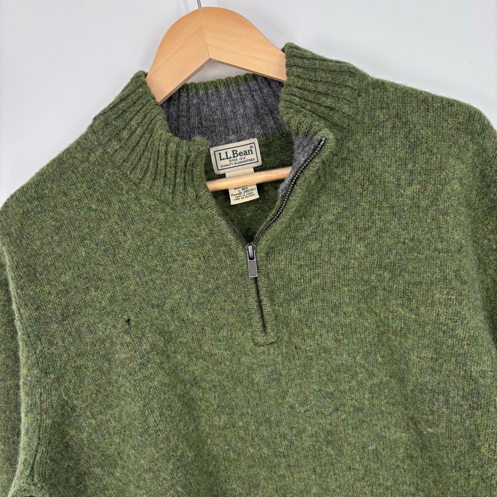 LL Bean 100% Shetland Wool 1/4 Zip Sweater Mens L Green Elbow Patches *FLAWS